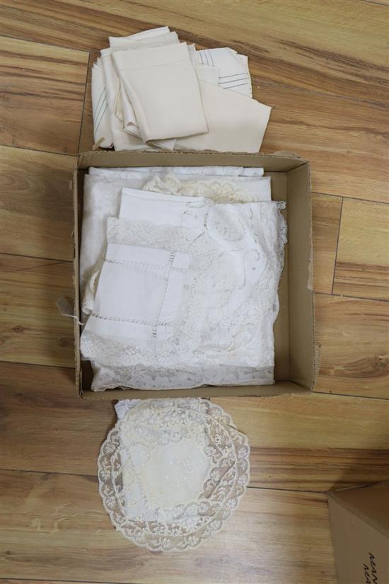 A set of Normandy patchwork lace doilies, various silk hankies and lace edged hankies, etc.
